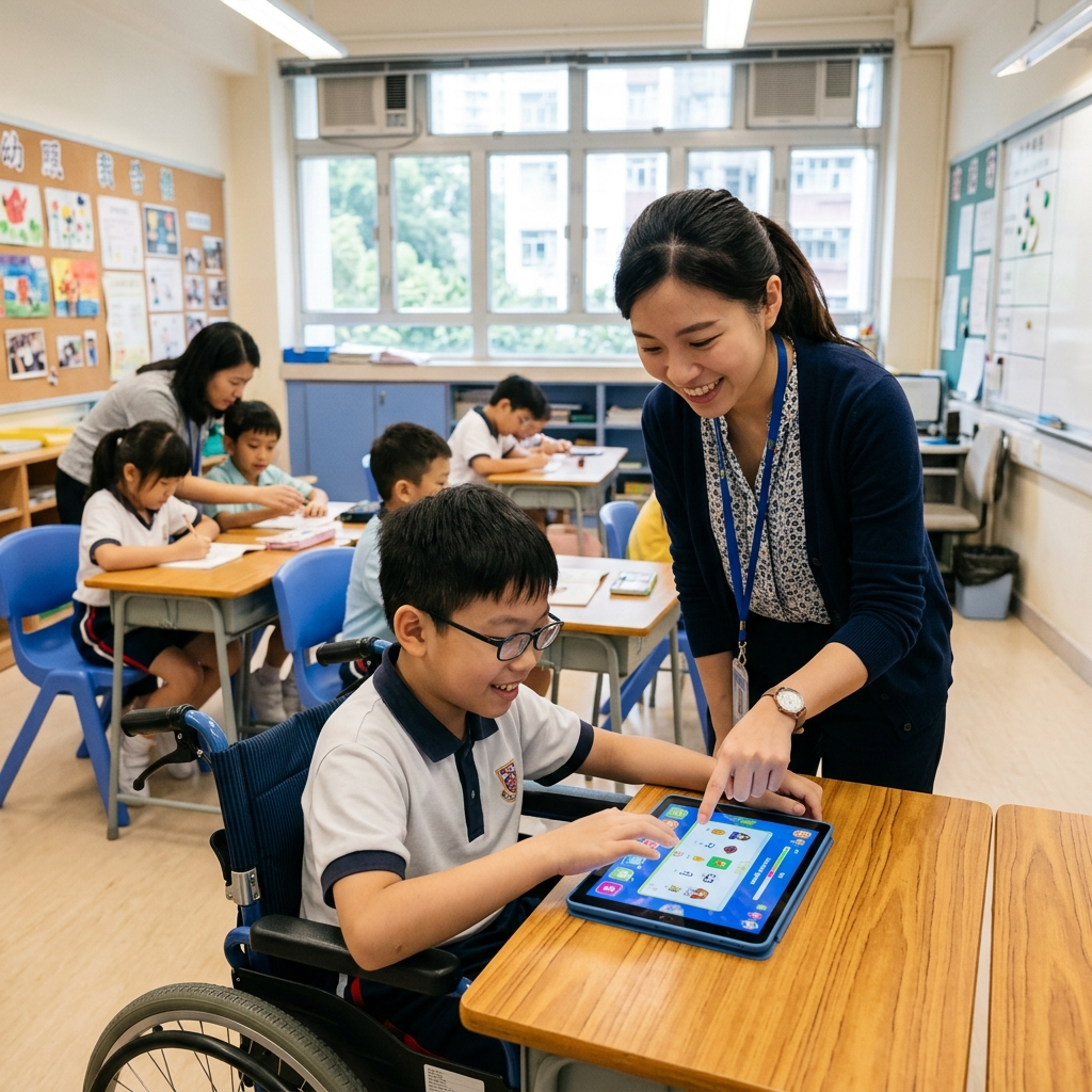 Teacher helping student use AI learning tools in classroom