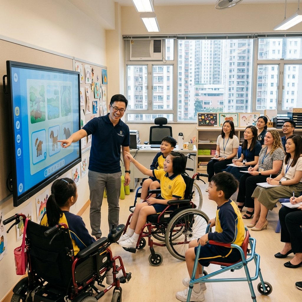Open demonstration class with visiting educators observing